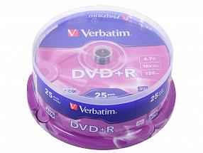 Диски DVD+R 4.7Gb Verbatim 16x  25 шт  Cake Box   43500 