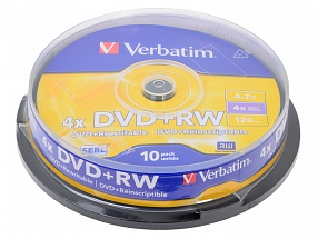 Диски DVD+RW 4.7Gb Verbatim 4x  10 шт  Cake Box   43488 
