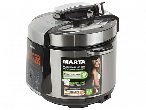 Мультиварка MARTA MT-4310 черный/сталь 900Вт, работа под давлением и без, сталь, толстостенная чаша 5 л, Greblon С3+ трехслойное полимер-керамическое 