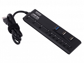 Концентратор USB 3.0 Ginzzu GR-380UAB (10 портов (4xUSB 3.0 + 6xUSB 2.0), кнопки выключения портов, Black)