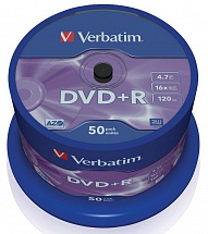 Диски DVD+R 4.7Gb Verbatim 16x  50 шт  Cake Box   43550 