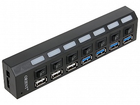 Концентратор USB 3.0 Orient BC-315 (7 Port,  c БП 2xUSB (5В, 2.1А), выключатели на каждый порт, цвет черный)