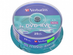 Диск   DVD-RW 4.7Gb Verbatim 4x  25 шт  Cake Box   43639 