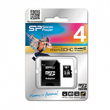 Карта памяти MicroSDHC 4GB Silicon Power Class10 + 1 Adapter (SP004GBSTH010V10-SP)