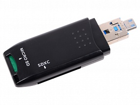 Картридер ORIENT  CR-018B, USB 3.0, SDXC/SD 3.0 UHS-1/SDHC/microSD/T-Flash, поддержка OTG, выдвижной порт microUSB, черный 