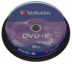 Диски DVD+R 4.7Gb Verbatim 16x  10 шт  Cake Box   43498 