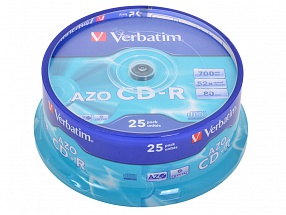 Диски CD-R 80min 700Mb Verbatim  52x  25 шт  Cake Box  Crystal AZO   43352 