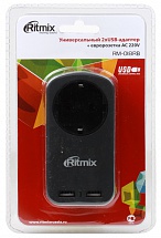 Зарядное устройство RITMIX RM-018RB Сетевой USB-переходник с евророзеткой, 2 USB-разъема, евророзетка - 10 А, USB - 1 x 2100 мА или 2 x 1000 мА