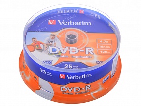 Диски DVD-R 4.7Gb Verbatim 16х  25 шт  Cake Box  Printable   43538 