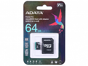 Карта памяти 64GB ADATA Premier Pro microSDXC UHS-I U3 A1 Class 10(V30S) 100MB/60MB/s с адаптером