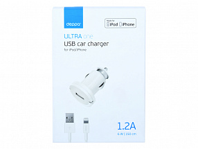 Автомобильное зарядное устройство Deppa USB 1А, дата-кабель Lightning (MFI), белый, Ultra