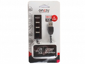 Концентратор 4-х портовый USB 3.0/2.0 Ginzzu GR-339UB, 1 порт USB 3.0 + 3 порта USB 2.0, интерфейсный кабель USB3.0 - 30 см, упаковка блистер, черный 