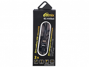 Дата-кабель USB-micro USB RITMIX RCC-418 Black, 1м, тканевая оплетка, 2A, угловые коннекторы - 90 градусов